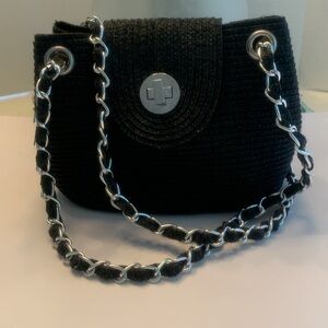Black Straw Bag w/silver chain strap Like New